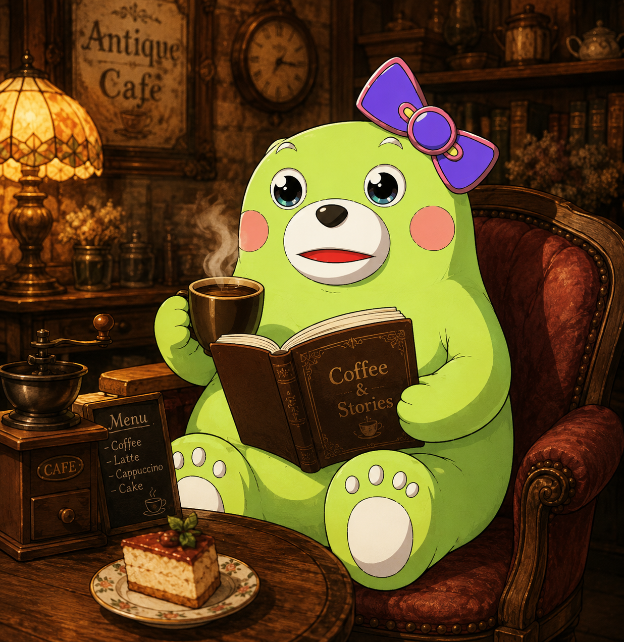 カフェで読書する緑りえもん
